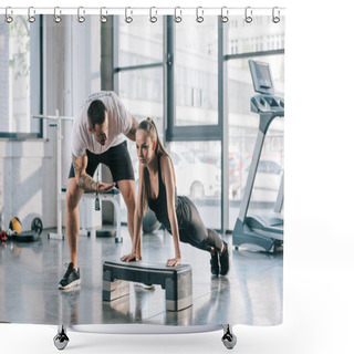 Personality  Male Personal Trainer Helping Sportswoman To Do Push Ups At Gym Shower Curtains