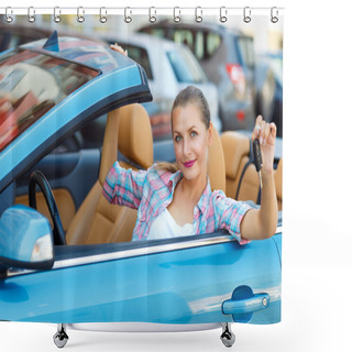 Personality  Young  Woman Sitting In A Convertible Car With The Keys In Hand Shower Curtains