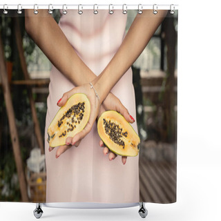 Personality  Cropped View Of Young African American Woman In Summer Dress Holding Fresh Papaya And Standing In Blurred Indoor Garden, Trendy Woman Surrounded By Tropical Lushness Shower Curtains