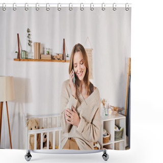Personality  Cheerful Young Woman Talking On Mobile Phone Near Crib With Soft Toys In Nursery Room, Future Mother Shower Curtains