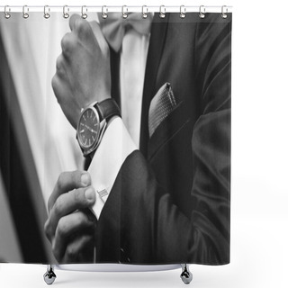 Personality  Man With Suit And Watch On Hand Shower Curtains