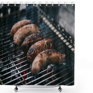 Personality  Grilled Tasty Brown Meat Sausages On Barbecue Grid Shower Curtains