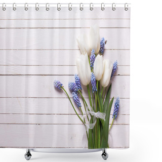 Personality  Fresh White Tulips And Blue Muscaries Shower Curtains
