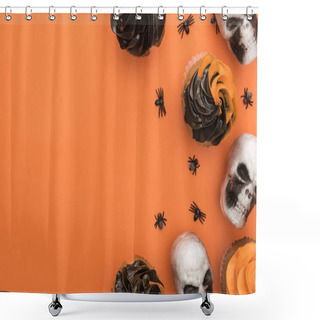 Personality  Top View Of Delicious Halloween Cupcakes With Spiders And Skulls On Orange Background With Copy Space Shower Curtains