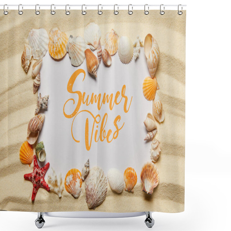 Personality  Frame Of Seashells Near Placard With Summer Vibes Illustration On Sandy Beach Shower Curtains