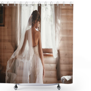 Personality  Beautiful Bride In A Dress Turned Her Back On The Camera. Beautiful Bride With Fashion Veil. Tender Bride In Wedding Dress. Shower Curtains