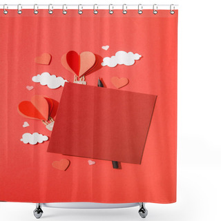 Personality  Top View Of Paper Heart Shaped Air Balloons In Clouds Near Blank Card And Pencil On Red Background Shower Curtains