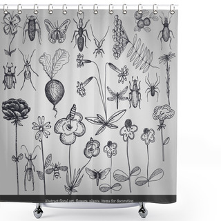Personality  Abstract Floral Art, Flowers, Plants, Items For Decoration On Gray Background Shower Curtains