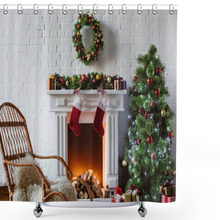 Personality  Living Room With Fireplace, Rocking Chair And Decorated Christmas Tree Shower Curtains