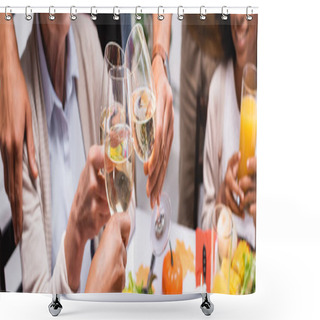 Personality  Cropped View Of Multiethnic Family Clinking Wine Glasses While Celebrating Thanksgiving, Panoramic Shot Shower Curtains