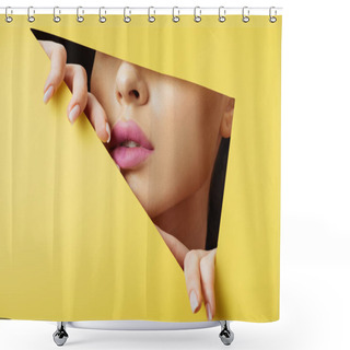 Personality  Cropped View Of Woman With Pink Lips Touching Yellow Paper Across Triangular Hole On Black Background Shower Curtains
