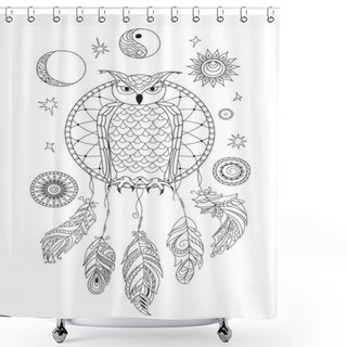 Personality  Coloring Page With Symbol Moon, Sun, Jin Yang, Patterned Owl And Feathers For Adult Antistress Coloring Book, Album, Wall Mural, Art, Tattoo. Black And White Outline Illustration.  Eps 1 Shower Curtains