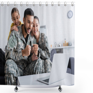 Personality  Laptop Near Man In Military Uniform Showing Yes Gesture Near Wife And Daughter On Blurred Background  Shower Curtains