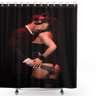 Personality  Sexy Bdsm Couple With Stack Isolated On Black Shower Curtains