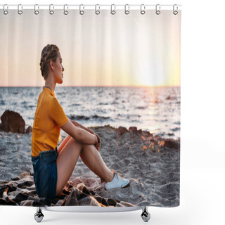 Personality  Side View Of Pensive Young Woman Sitting On Plaid At Beautiful Sea Coast At Sunset  Shower Curtains