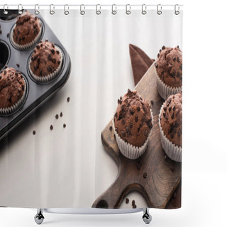 Personality  Fresh Chocolate Muffins In Muffin Tin And On Wooden Cutting Board Near Brown Napkin Shower Curtains