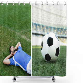 Personality  Collage Of Professional Soccer Player In Blue And White Uniform Lying On Grass And Ball On Football Pitch At Stadium Shower Curtains