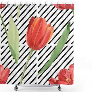 Personality  Red Tulips With Green Leaves On Black And White Striped Background. Watercolor Illustration Set. Seamless Background Pattern. Shower Curtains