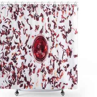 Personality  Top View Of Cup With Hibiscus Tea Between Scattered Tea Isolated On White Shower Curtains