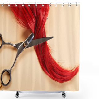 Personality  Top View Of Scissors And Curl Of Red Hair On Beige Background Shower Curtains