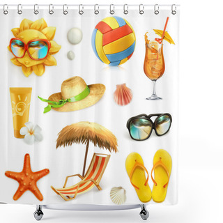 Personality  Summer Beach, Set Of Vector Icons Shower Curtains