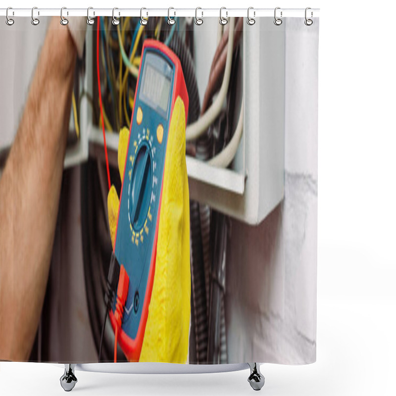 Personality  Panoramic Crop Of Electrician Using Multimeter Near Electrical Distribution Box Shower Curtains