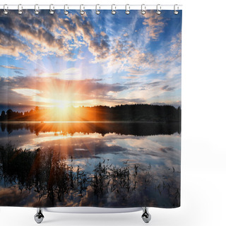 Personality  Dawn Over The Lake. Shower Curtains