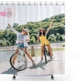 Personality  Happy Blonde And Brunette Friends Riding Bikes With Balloons Near River In Summer Shower Curtains