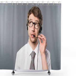 Personality  Dreamy Call Center Operator In Headset And Glasses Looking Away On Grey Background Shower Curtains