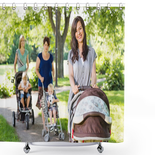 Personality  Beautiful Mother Pushing Baby Stroller In Park Shower Curtains