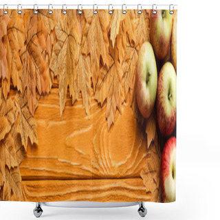 Personality  Top View Of Ripe Apples And Autumnal Foliage On Wooden Background, Panoramic Shot Shower Curtains