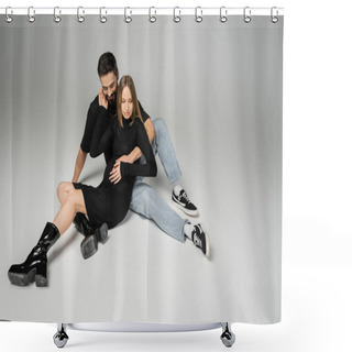 Personality  Smiling Bearded Man In Jeans And T-shirt Hugging Fashionable Pregnant Woman In Dress While Sitting On Grey Background, New Beginnings And Parenting Concept, Husband And Wife  Shower Curtains