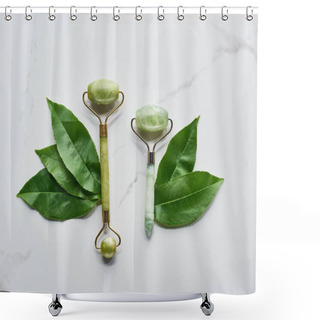 Personality  Top View Of Green Facial Rollers And Leaves On Marble Surface Shower Curtains