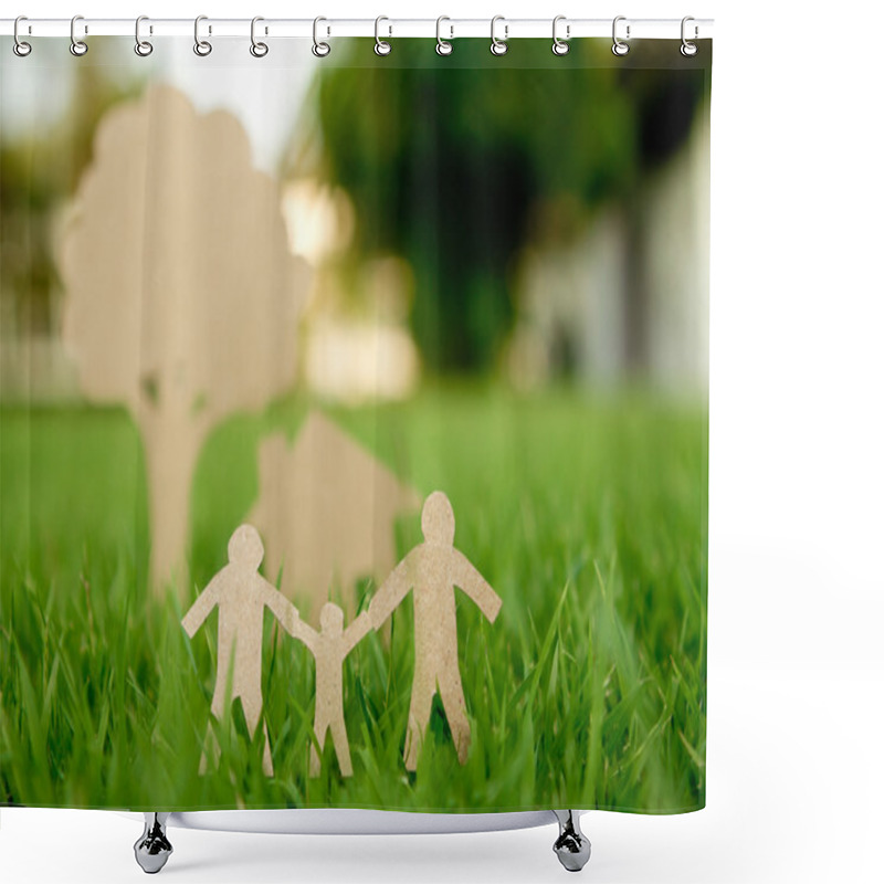 Personality  Paper Cut Of Family With House And Tree On Fresh Spring Green Gr Shower Curtains