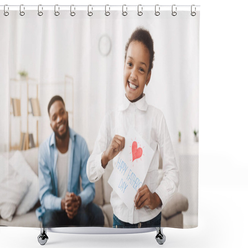 Personality  Fathers Day. Happy Daughter Preparing Greeting Card Shower Curtains