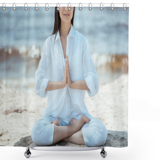 Personality  Cropped Image Of Woman In Anjali Mudra (salutation Seal) Pose On Beach By Sea  Shower Curtains