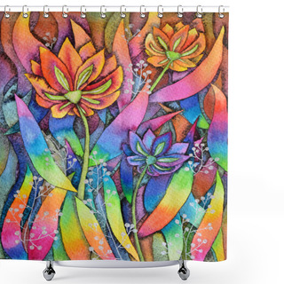 Personality  Exotic Watercolor Illustration Jungle Rainbow Leaves With Flowers Shower Curtains