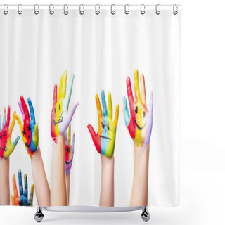 Personality  Cropped Image Of Schoolchildren Showing Painted Hands With Smiley Icons Isolated On White Shower Curtains
