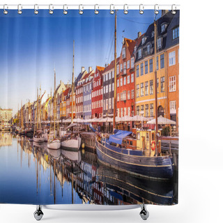 Personality  COPENHAGEN, DENMARK - MAY 6, 2018: Picturesque View Of Historical Buildings And Moored Boats Reflected In Calm Water, Copenhagen, Denmark Shower Curtains