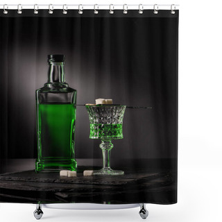 Personality  Close-up Shot Of Glass And Bottle Of Absinthe With Spoon And Sugar Cubes On Dark Background Shower Curtains