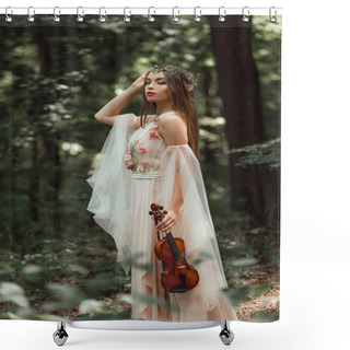 Personality  Mystic Elf In Flower Dress And Floral Wreath Holding Violin In Forest Shower Curtains