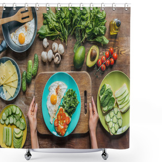 Personality  Woman Holding Cutting Board With Breakfast Shower Curtains