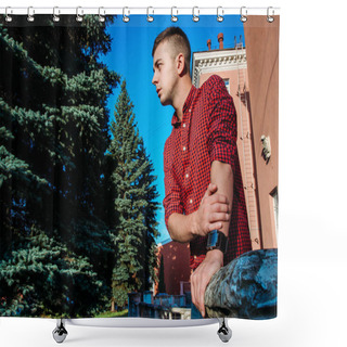Personality  Portrait Of A Pensive Young Guy In A Red Tart Shirt On A Background Of Buildings Shower Curtains