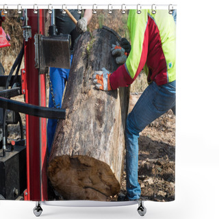Personality  Lumberjacks With Hydraulic Wood Splitter Shower Curtains
