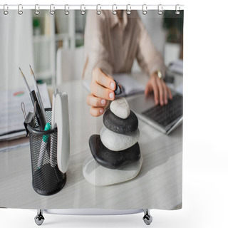 Personality  Cropped View Of Businesswoman Working With Laptop At Workplace With Zen Stones Shower Curtains