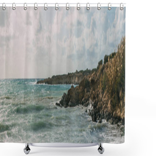Personality  Panoramic Shot Of Coastline Near Mediterranean Sea Against Blue Sky Shower Curtains
