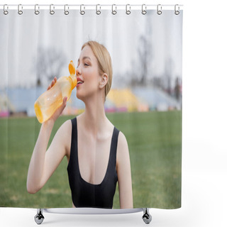Personality  Positive Young Woman Drinking From Sports Bottle Outdoors Shower Curtains