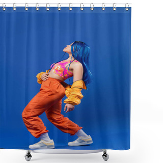 Personality  Full Length, Woman With Dyed Hair, Fashion Forward, Female Model With Blue Hair Posing In Puffer Jacket And Orange Pants On Blue Background, Vibrant Color, Urban Fashion, Individualism  Shower Curtains