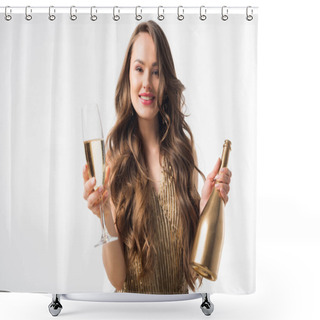Personality  Attractive Woman Standing With Bottle And Glass Of Champagne Isolated On White Shower Curtains