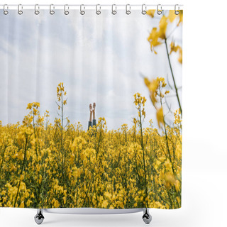 Personality  Cropped View Of Barefoot Woman Near Yellow Flowers In Field Against Sky  Shower Curtains